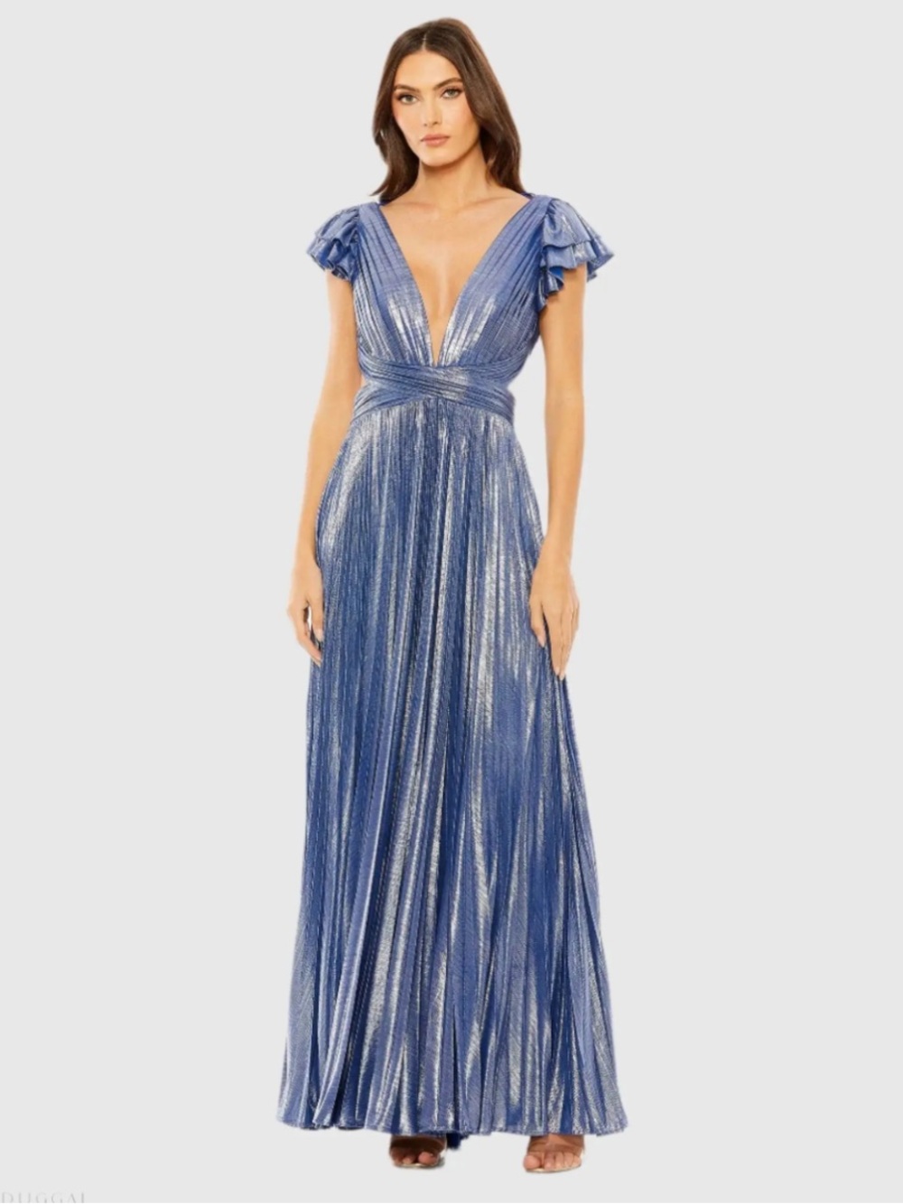 Ieena for Mac Duggal 27166 Blue Ruffle Sleeve Cutout Pleated Metallic Gown